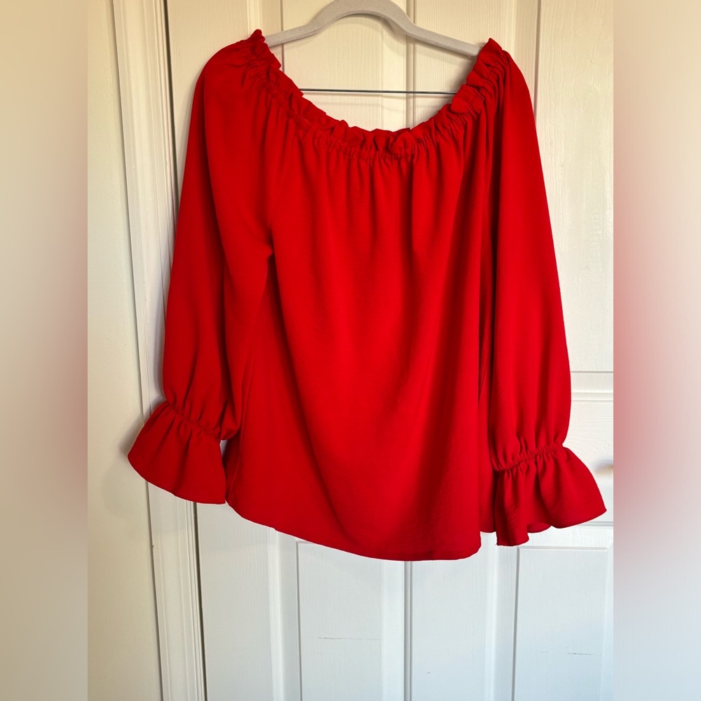 Patrizia Luca women’s red off the shoulder blouse w/ruffle cuff Sz L holidays!